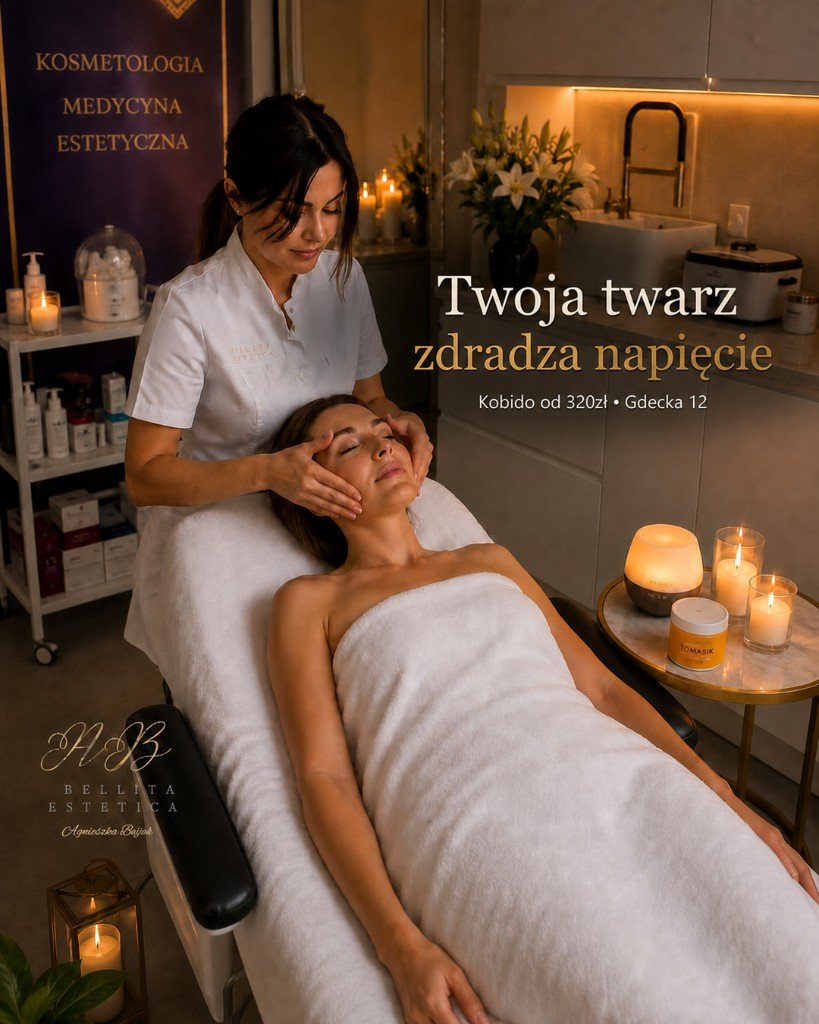 Reklama masażu Kobido AB Bellita Estetica, Twoja twarz zdradza napięcie, 320 zł, Gdecka 12